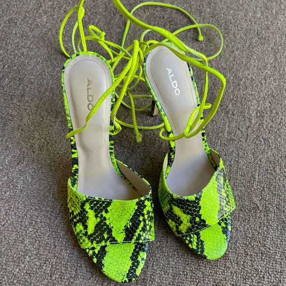 Aldo Neon Yellow Green Snakeskin Faux Leather Gladiator Stiletto Heels 6.5 - Picture 4 of 7